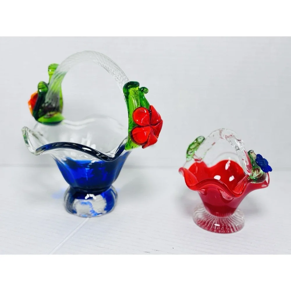 Vintage Murano Style Art Glass Basket Set Blue Red Pedestal Bowls Floral Handles